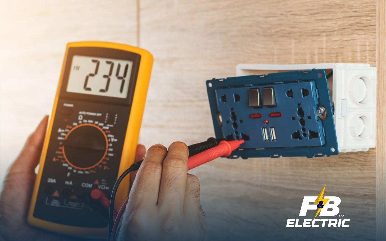 An electrician performing an electrical safety inspection in a home.