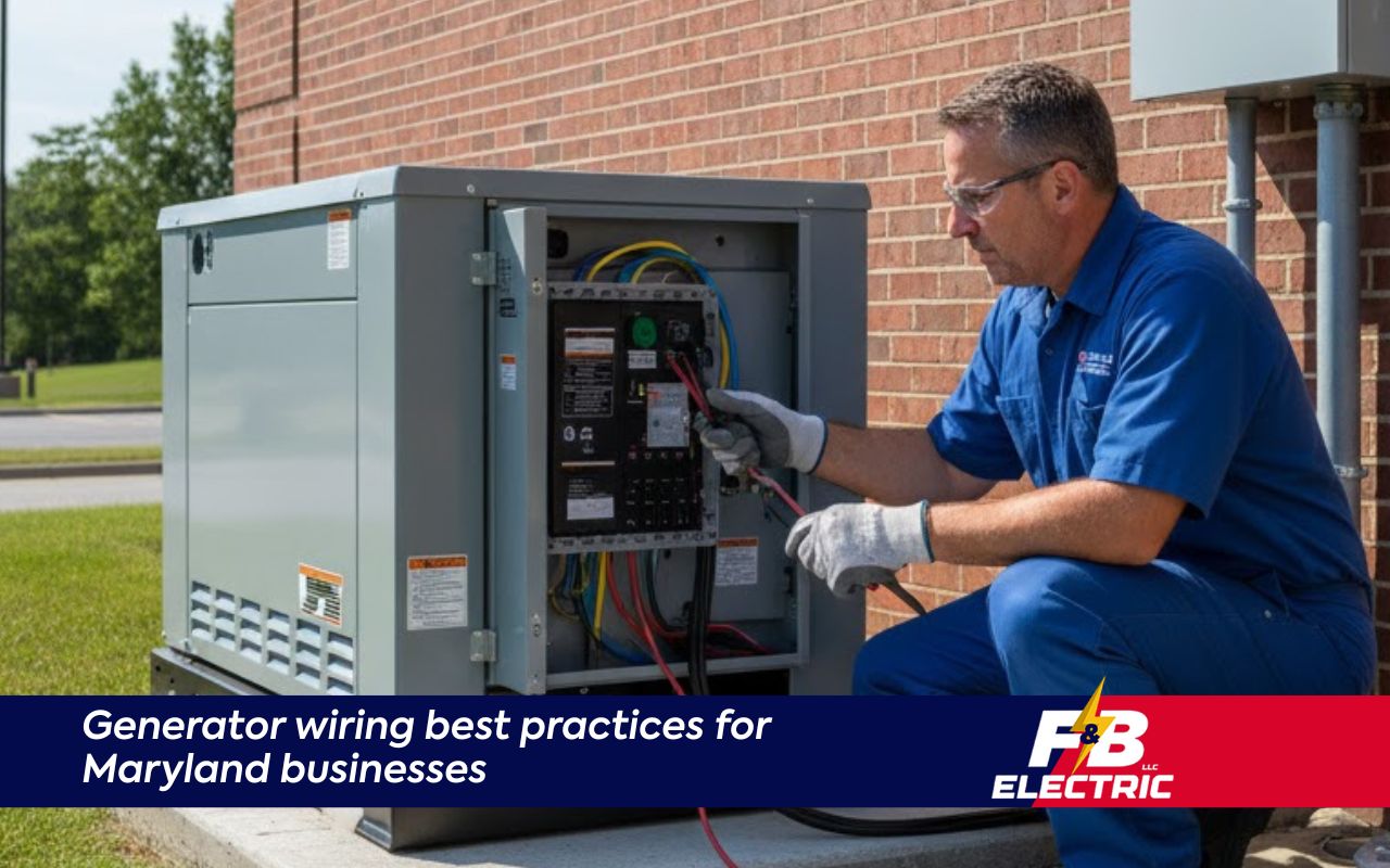 Technician performing Backup generator wiring for businesses in MD with a safe panel connection