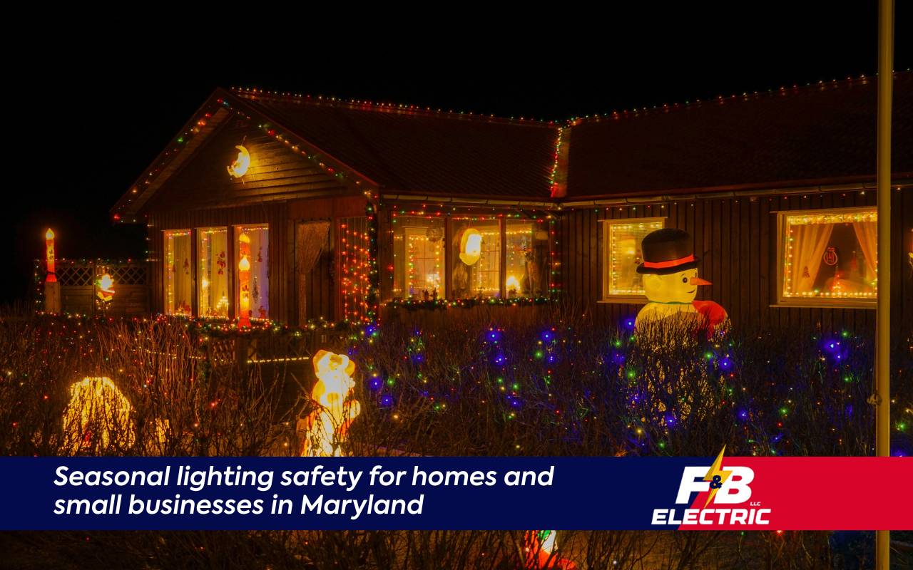 Outdoor Maryland home using Holiday Lighting Electrical Safety Tips in MD with safe LED lights and protected outlets