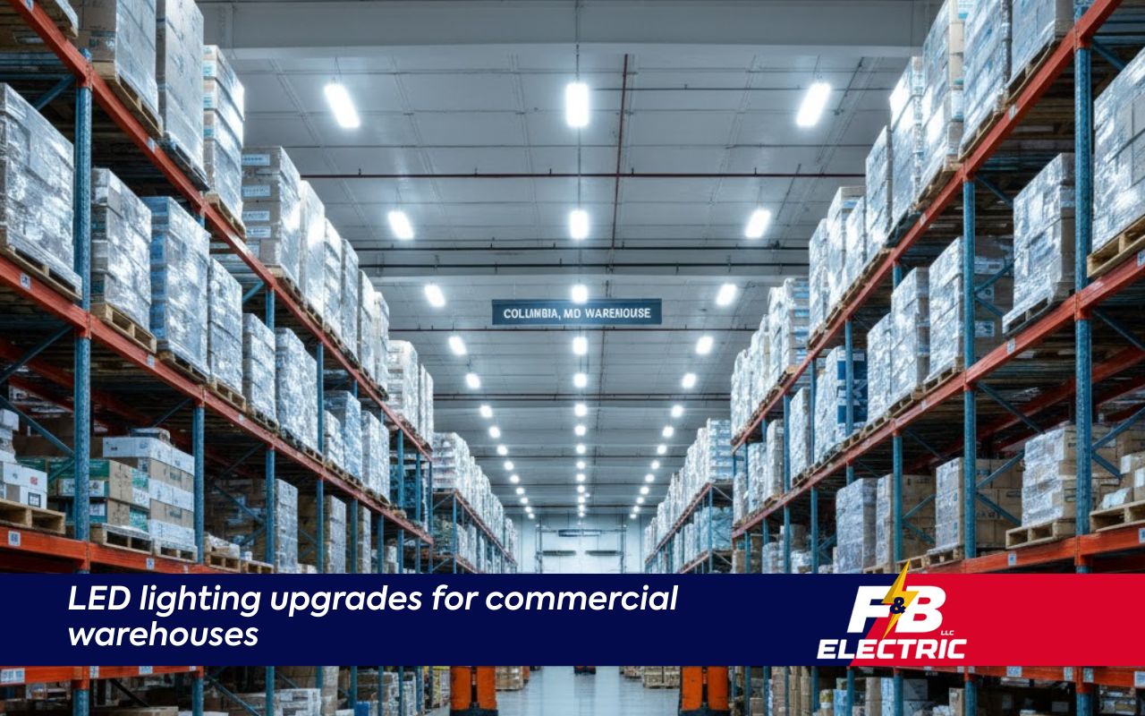 LED warehouse lighting retrofit in Columbia, MD brightening main warehouse aisles