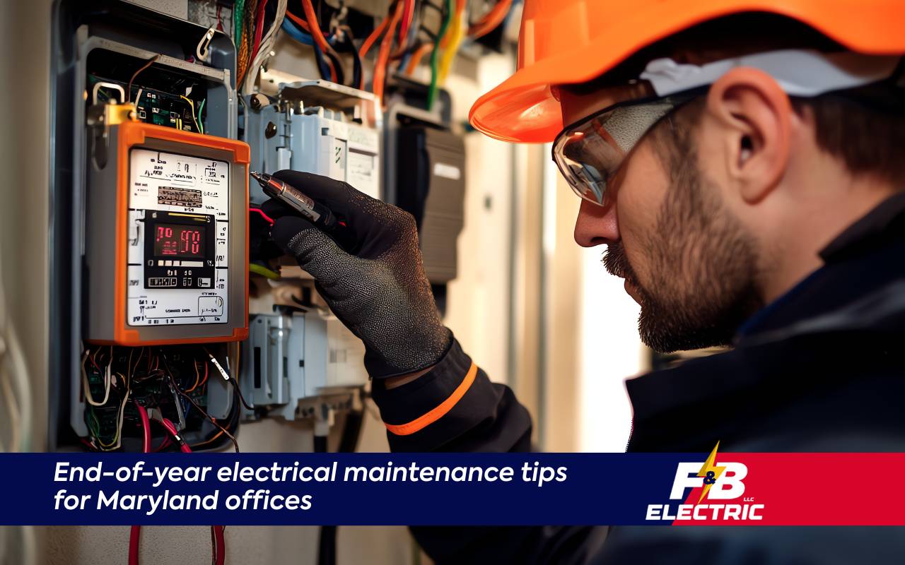 Technician reviewing an Office Electrical Maintenance Checklist in MD at a main service panel