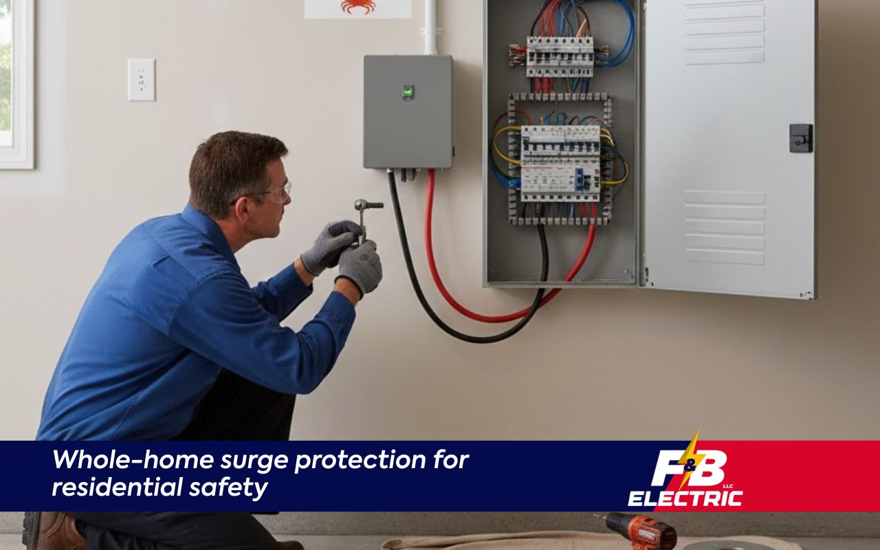 Electrician installing residential whole-house surge protection in MD at a main electrical panel.