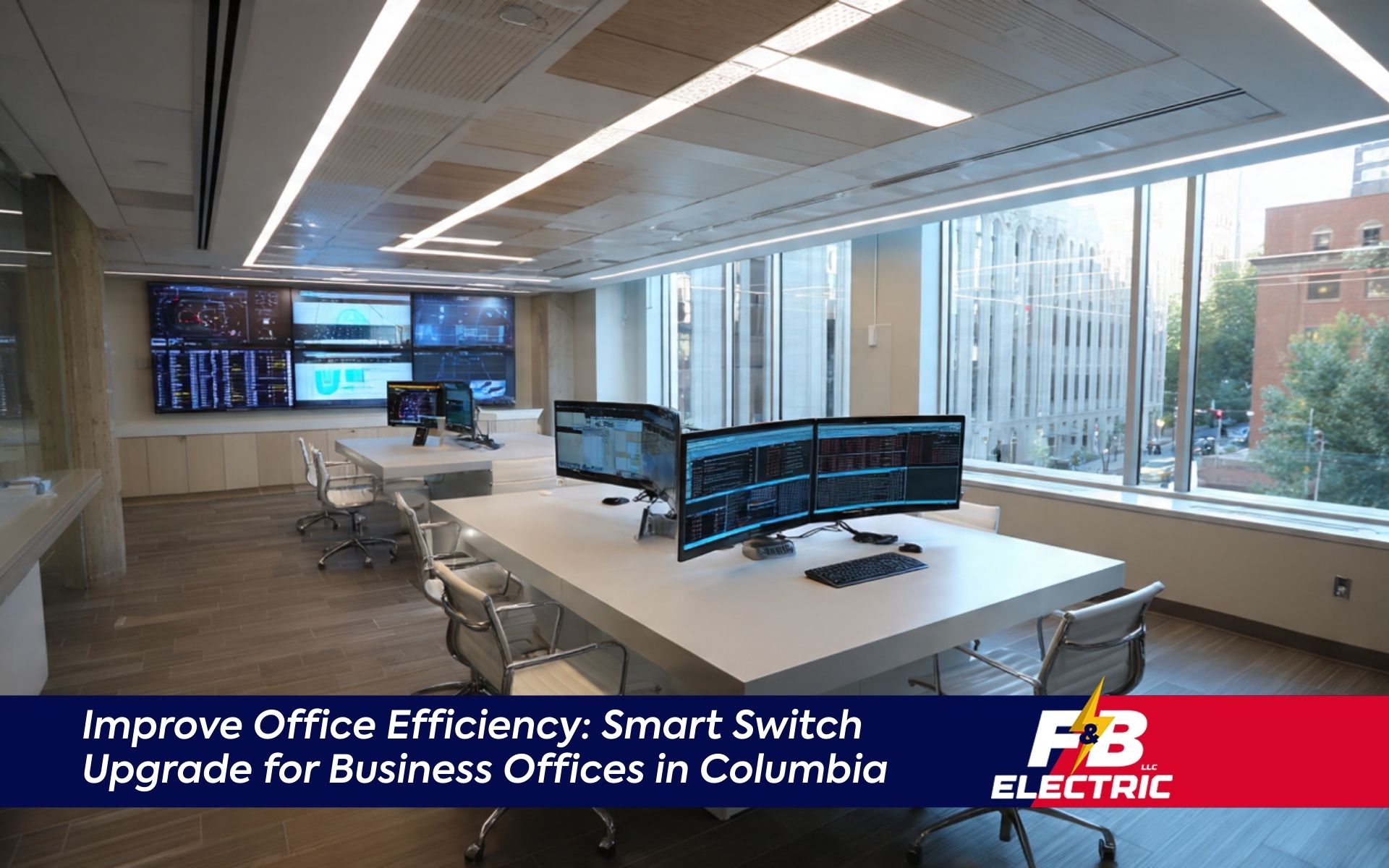 Office lighting automation scene in a Columbia meeting room using smart wall switch setup
