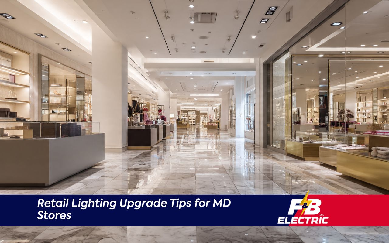 Retail lighting upgrade considerations for MD with a mapped store layout and lighting zones.