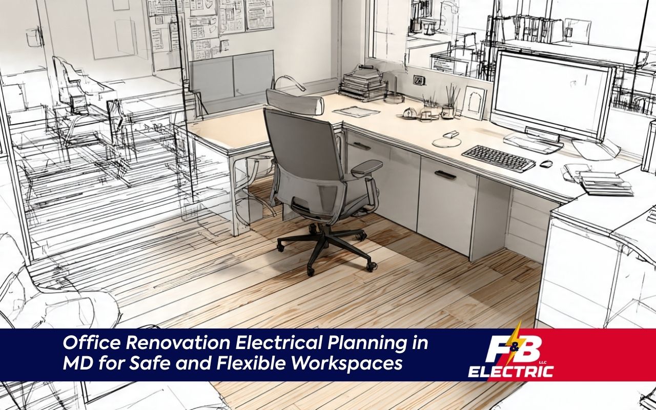 Office renovation electrical planning in MD with smart outlet and desk layout