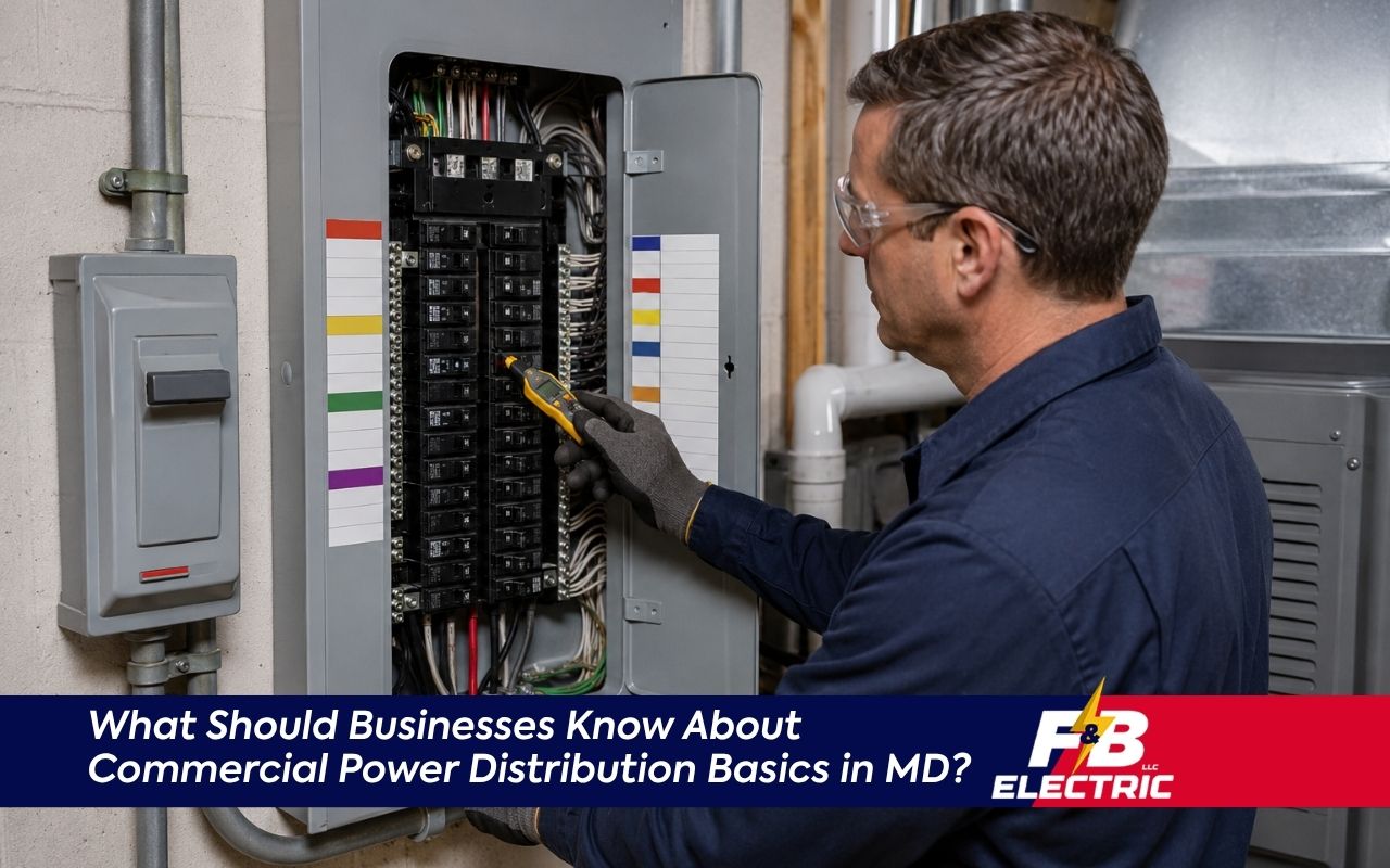 Commercial power distribution basics in MD with labeled electrical panel