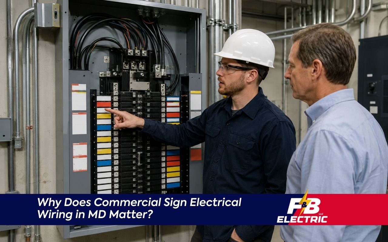 Electrician inspecting commercial sign electrical wiring in MD for outdoor safety