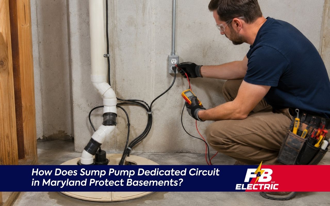 Sump pump dedicated circuit in Maryland installed near a basement sump pump