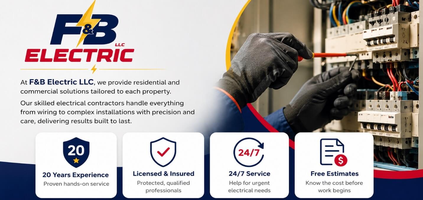 F&B Electric LLC banner showing residential and commercial electrical solutions, 20 years of experience, licensed and insured service, 24/7 availability, and free estimates.