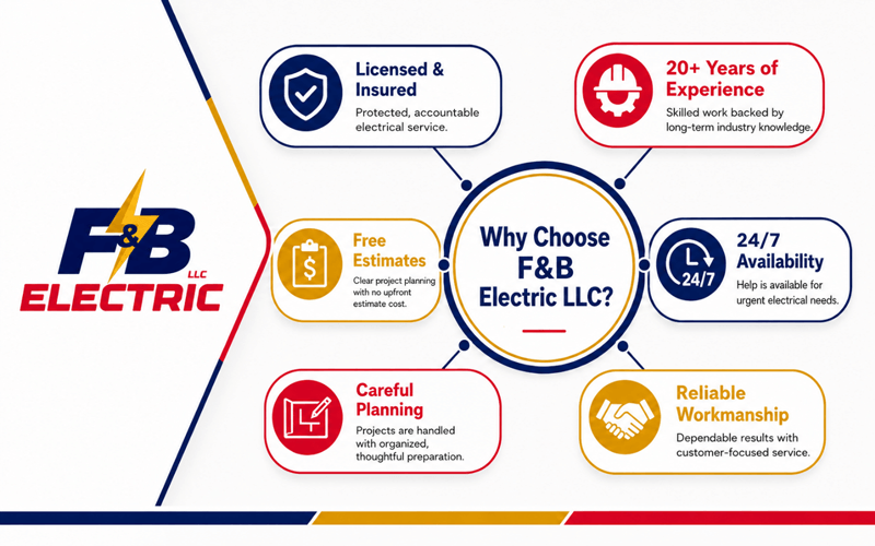 F&B Electric LLC infographic highlighting licensed and insured service, 20+ years of experience, free estimates, 24/7 availability, careful planning, and reliable workmanship.