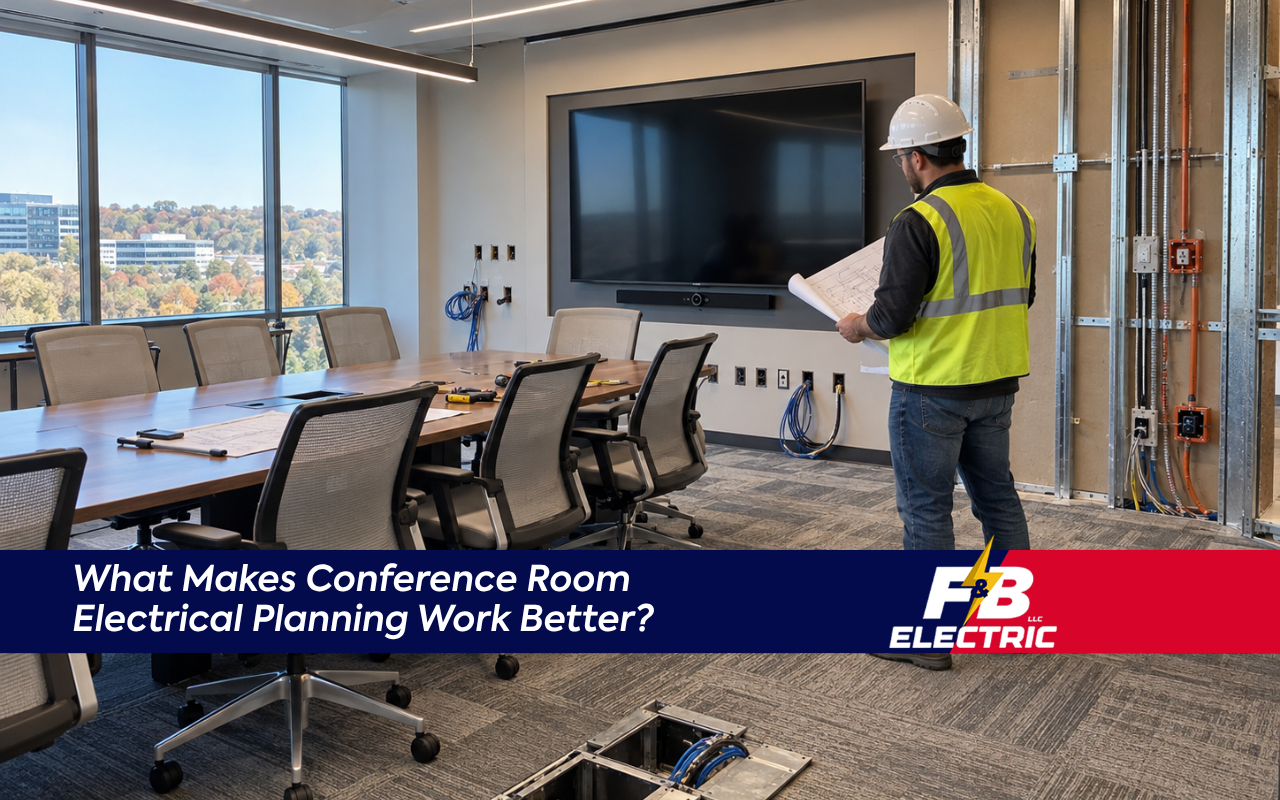 Conference room electrical planning for outlets and AV equipment in Columbia, MD