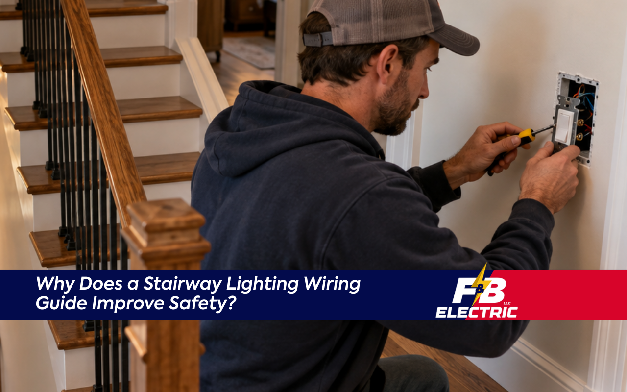 Stairway lighting wiring guide showing three-way switch controls at the top and bottom of a staircase